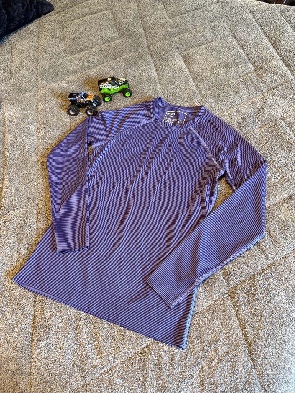 FIGS Lavender and Navy Thin-Striped Long Sleeve Tee